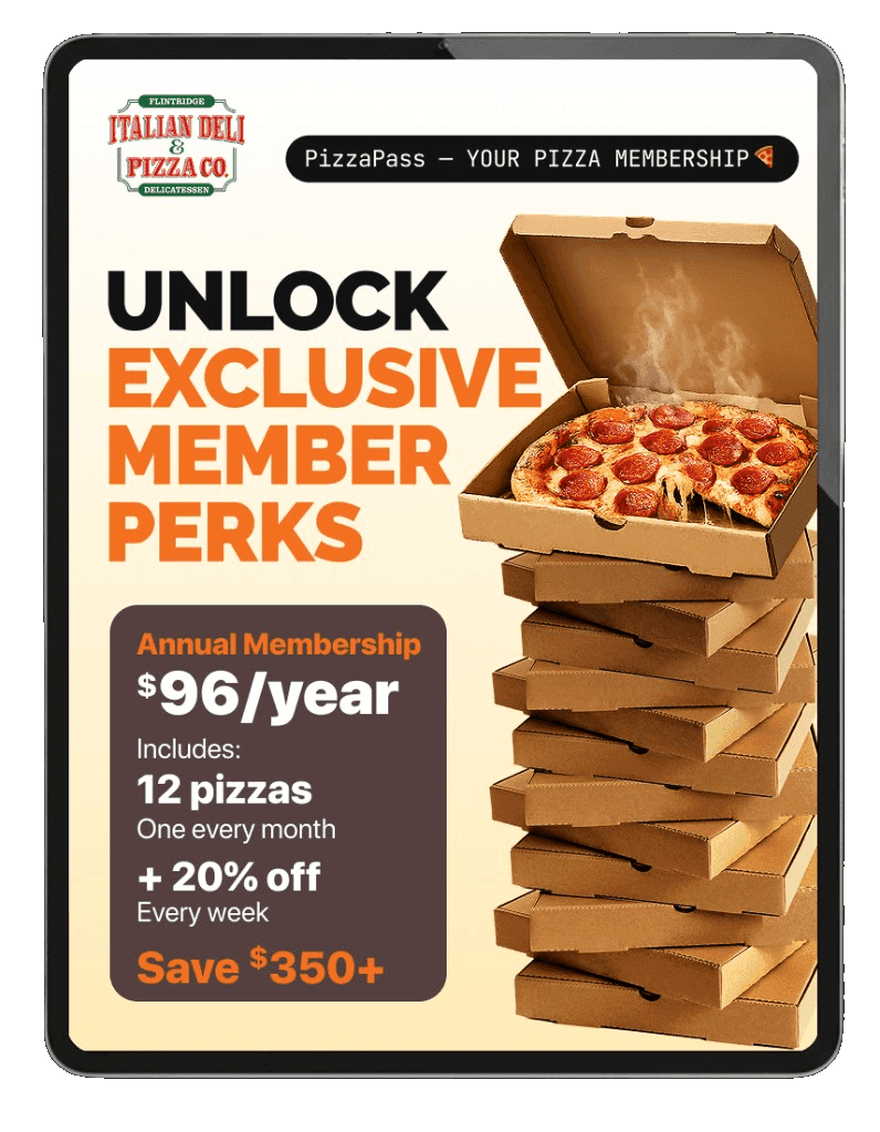 PizzaPass membership: unlock exclusive member perks, annual membership $96 per year with free monthly pizza and 10–20% weekly discount